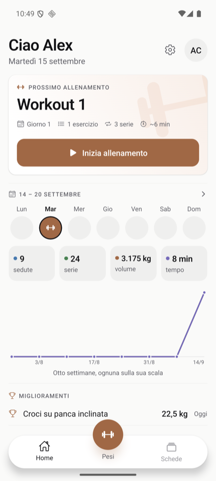 The home screen: your next workout, the week and recent improvements.