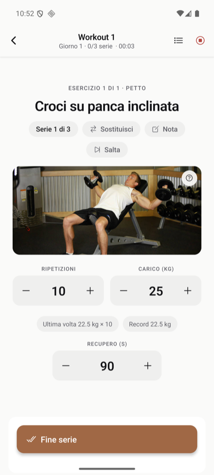 A workout in progress: one set at a time, with form photos and weights.